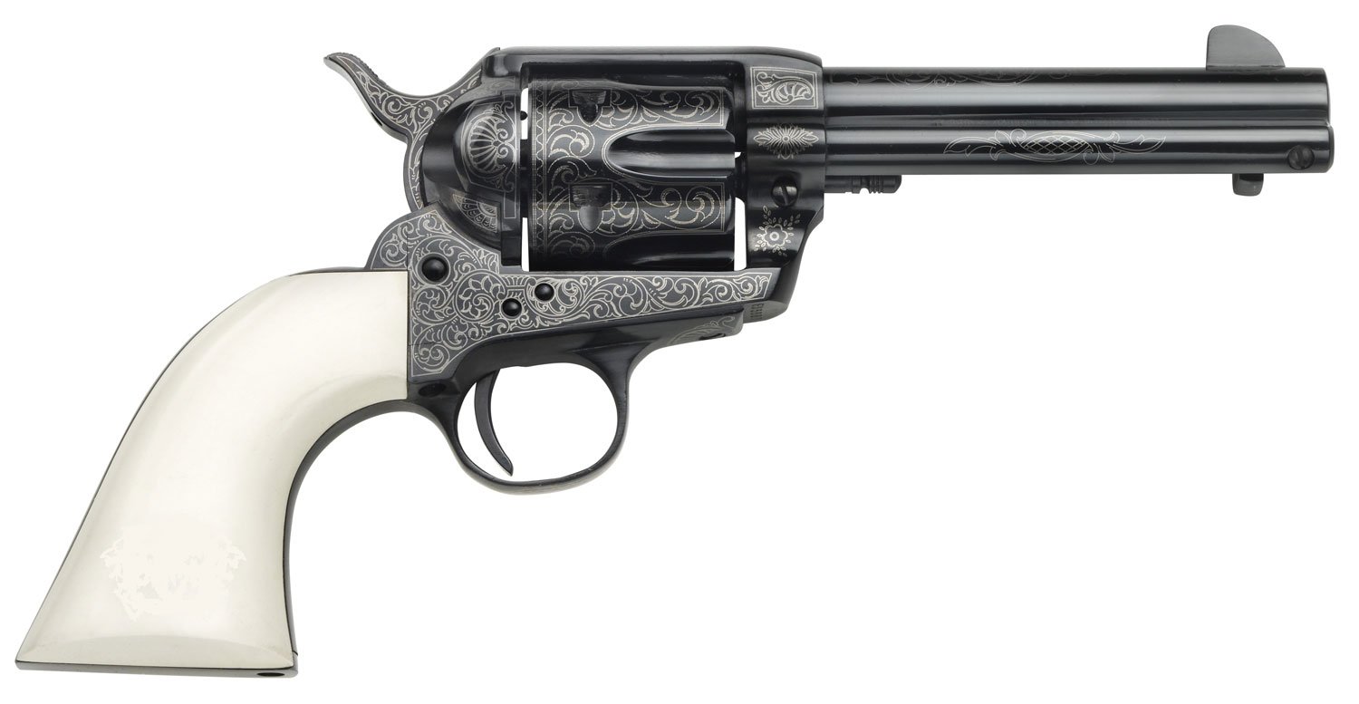 Taylors & Company 200056 1873 Cattleman Outlaw Legacy 45 Colt (LC) Caliber with 4.75″ Barrel, 6rd Capacity Cylinder, Overall Blued Engraved Finish Steel & Ivory Synthetic Grip Taylors & Company 200056 1873 Cattleman Outlaw Legacy 45 Colt (LC) Caliber with 4.75″ Barrel, 6rd Capacity Cylinder, Overall Blued Engraved Finish Steel & Ivory Synthetic Grip