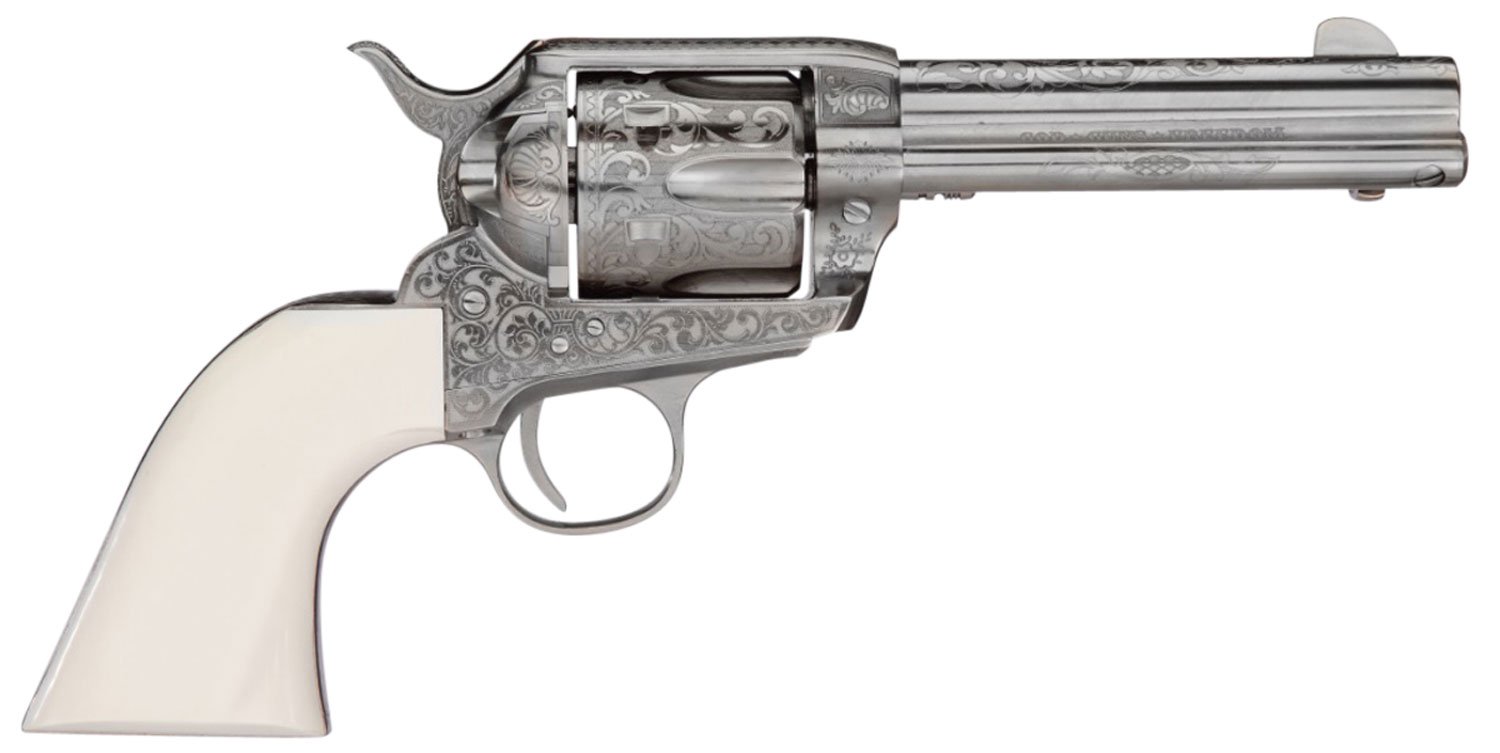 Taylors & Company 200058 1873 Cattleman Outlaw Legacy 357 Mag Caliber with 4.75″ Barrel, 6rd Capacity Cylinder, Overall Nickel Engraved Finish Steel & Ivory Synthetic Grip Taylors & Company 200058 1873 Cattleman Outlaw Legacy 357 Mag Caliber with 4.75″ Barrel, 6rd Capacity Cylinder, Overall Nickel Engraved Finish Steel & Ivory Synthetic Grip