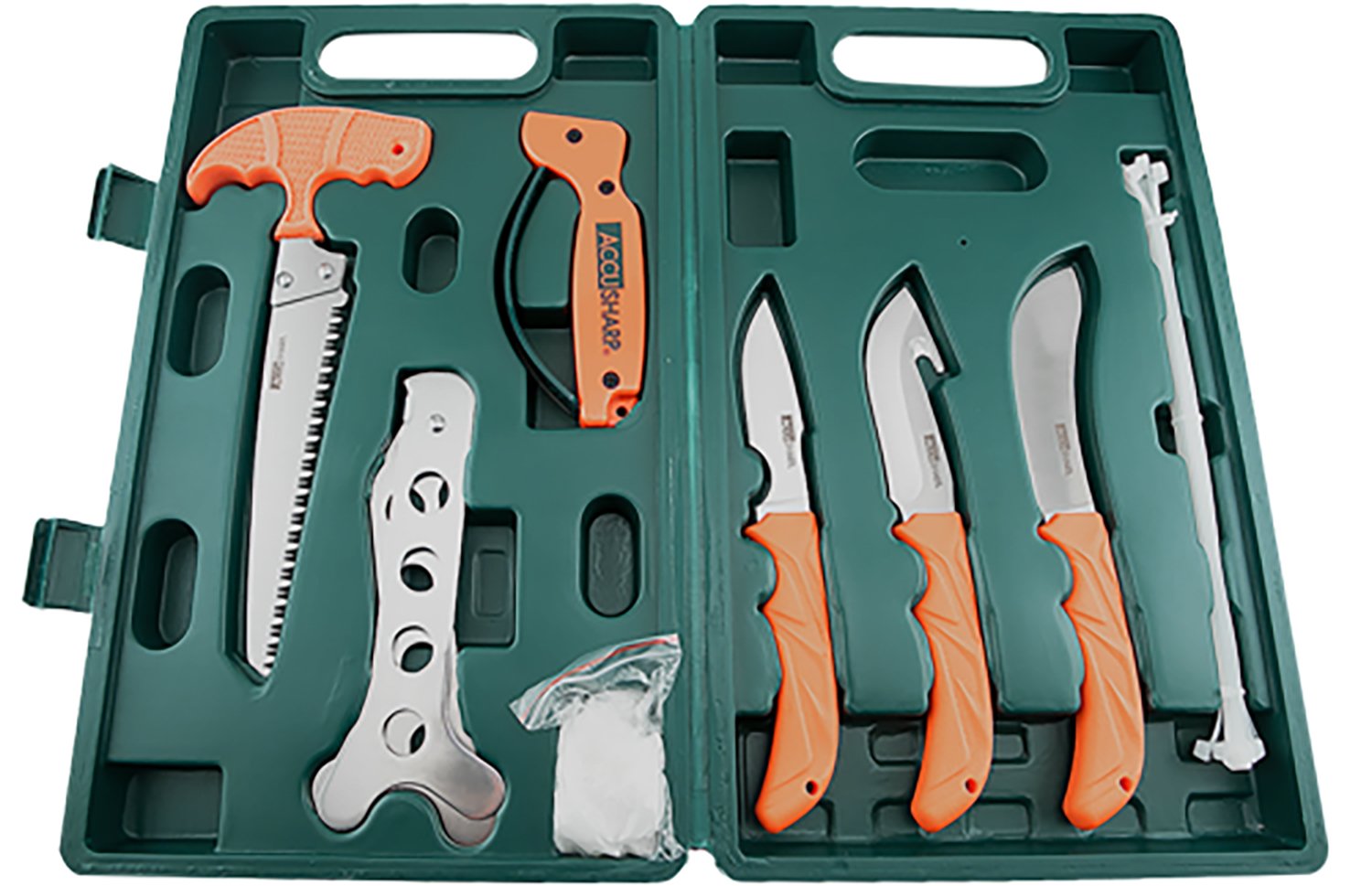 AccuSharp 728C Game Processing Kit Butcher/Caper/Gut-Hook/Bone Saw/Ribcage Spreader Gut Hook/Saw/Plain Stainless Steel Blade Orange FRN Handle AccuSharp 728C Game Processing Kit Butcher/Caper/Gut-Hook/Bone Saw/Ribcage Spreader Gut Hook/Saw/Plain Stainless Steel Blade Orange FRN Handle