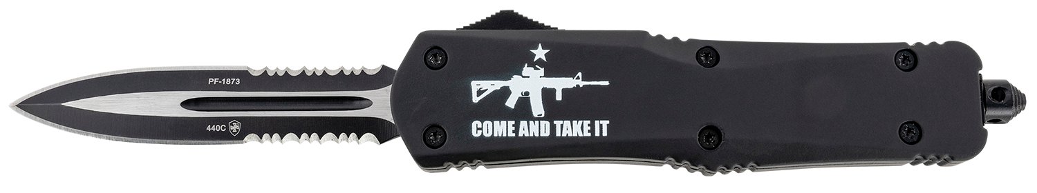 Templar Knife LAR15431 Gen II Come And Take It Large 3.50" OTF Dagger Part Serrated Black Oxide Stonewashed 440C SS Blade, 5.25" Black w/ "Come And Take It" AR-15 Gun Aluminum Handle, Glass Breaker