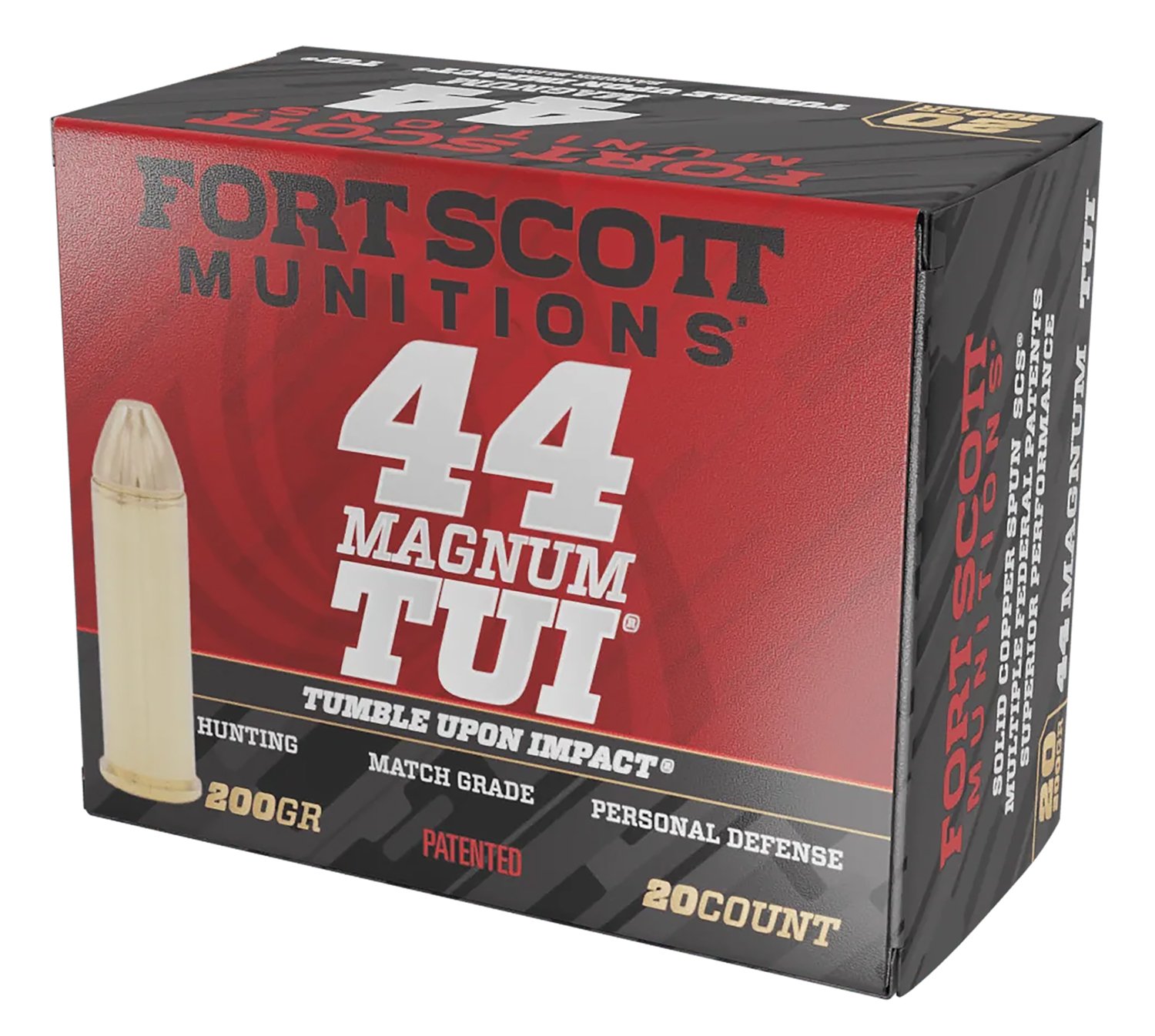 Fort Scott Munitions 44MAG200SCV Tumble Upon Impact (TUI) 44RemMag 200gr Solid Copper Spun 20 Per Box/25 Case Fort Scott Munitions 44MAG200SCV Tumble Upon Impact (TUI) 44RemMag 200gr Solid Copper Spun 20 Per Box/25 Case