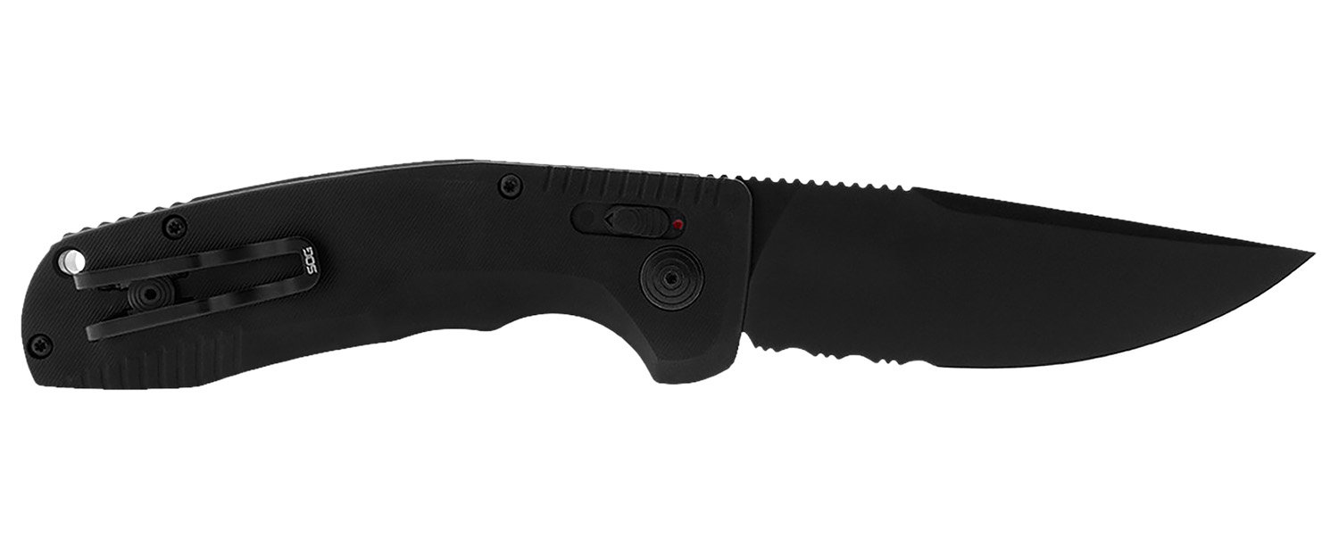 S.O.G SOG15380257 SOG-TAC Auto 3.43″ Folding Part Serrated Black TiNi Cryo D2 Steel Blade Black Micro-Textured Anodized Aluminum Handle Includes Pocket Clip S.O.G SOG15380257 SOG-TAC Auto 3.43″ Folding Part Serrated Black TiNi Cryo D2 Steel Blade Black Micro-Textured Anodized Aluminum Handle Includes Pocket Clip