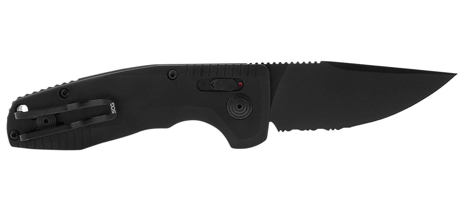S.O.G SOG-15-38-08 SOG-TAC Auto Compact 2.94″ Folding Straight Back Part Serrated Black TiNi Cryo D2 Steel Blade Black Micro-Textured Anodized Aluminum Handle Includes Pocket Clip S.O.G SOG-15-38-08 SOG-TAC Auto Compact 2.94″ Folding Straight Back Part Serrated Black TiNi Cryo D2 Steel Blade Black Micro-Textured Anodized Aluminum Handle Includes Pocket Clip