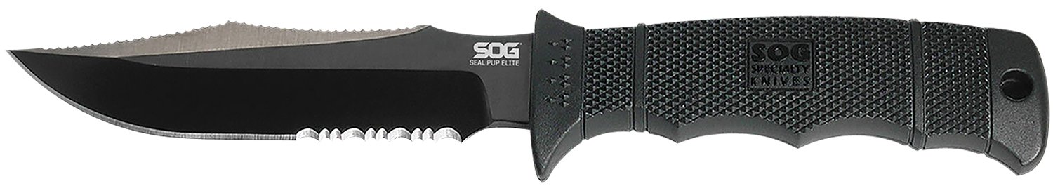 S.O.G SOGE37TK Seal Pup Elite 4.85″ Fixed Clip Point Part Serrated Black Hardcased TiCN AUS-8A SS Blade/Black w/Grip Lines GRN Handle Includes Lanyard/Sheath S.O.G SOGE37TK Seal Pup Elite 4.85″ Fixed Clip Point Part Serrated Black Hardcased TiCN AUS-8A SS Blade/Black w/Grip Lines GRN Handle Includes Lanyard/Sheath