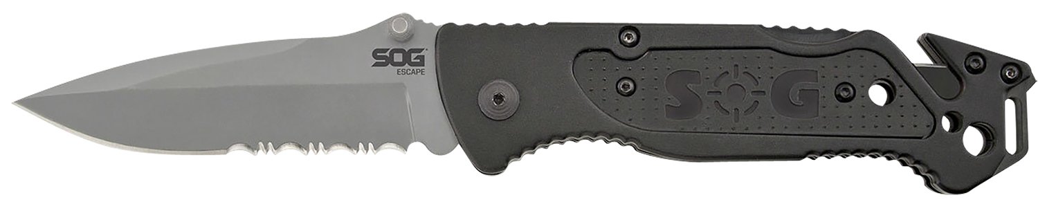 S.O.G SOG-FF24-CP Escape 3.40″ Folding Clip Point Part Serrated Bead Blasted 9Cr18MoV SS Blade Black Anodized Aluminum Handle Includes Belt Clip S.O.G SOG-FF24-CP Escape 3.40″ Folding Clip Point Part Serrated Bead Blasted 9Cr18MoV SS Blade Black Anodized Aluminum Handle Includes Belt Clip