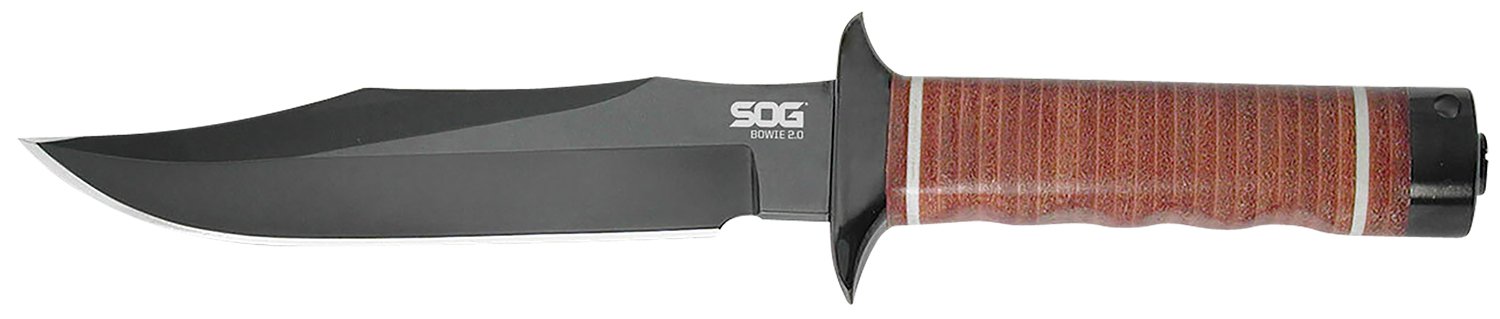 S.O.G SOGS1TL Bowie 2.0 6.40″ Fixed Plain Clip Point Black Hardcased TiNi Full Tang AUS8 SS Blade/ Brown Stacked Leather Washers w/Cross Guard Handle S.O.G SOGS1TL Bowie 2.0 6.40″ Fixed Plain Clip Point Black Hardcased TiNi Full Tang AUS8 SS Blade/ Brown Stacked Leather Washers w/Cross Guard Handle