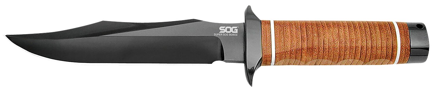S.O.G SOGSB1TL Super SOG 7.50″ Fixed Bowie Plain Black Hardcased TiCN AUS-8A SS Blade Brown Stacked Leather Washers w/Cross Guard Handle Includes Sheath S.O.G SOGSB1TL Super SOG 7.50″ Fixed Bowie Plain Black Hardcased TiCN AUS-8A SS Blade Brown Stacked Leather Washers w/Cross Guard Handle Includes Sheath