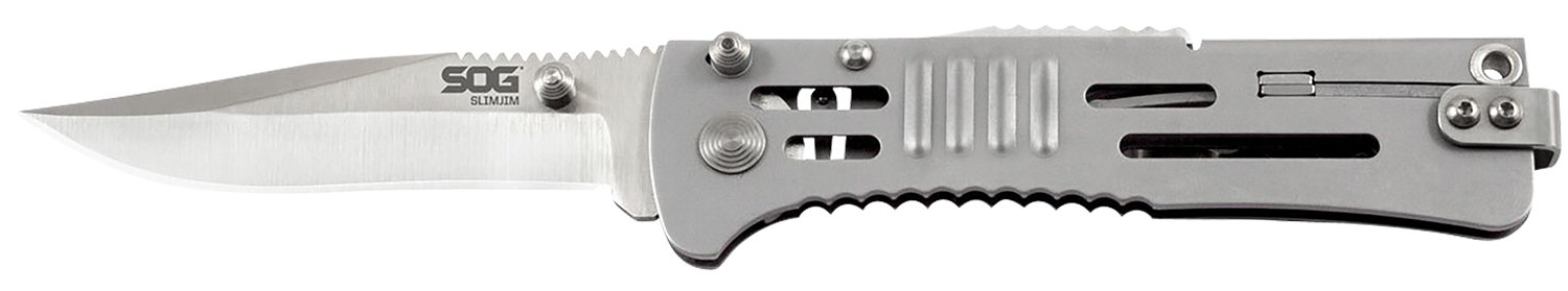 S.O.G SOG-SJ31-CP SlimJim 3.18″ Folding Clip Point Plain Satin AUS-8A SS Blade Bead Blasted 420 Stainless Steel Handle Includes Belt Clip S.O.G SOG-SJ31-CP SlimJim 3.18″ Folding Clip Point Plain Satin AUS-8A SS Blade Bead Blasted 420 Stainless Steel Handle Includes Belt Clip