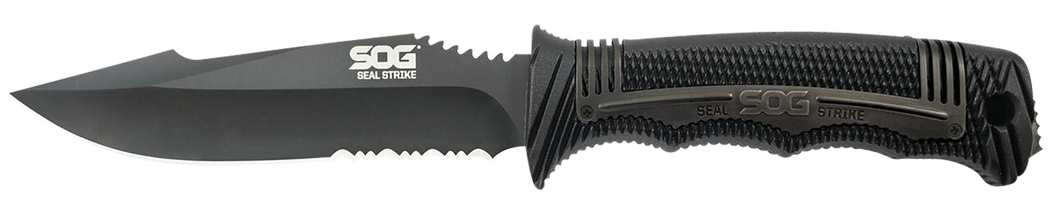 S.O.G SOGSS1003CP Seal Strike 4.90″ Fixed Clip Point Part Serrated AUS-8A SS Blade Black Textured GRN/SS Handle Includes Belt Clip/Sheath S.O.G SOGSS1003CP Seal Strike 4.90″ Fixed Clip Point Part Serrated AUS-8A SS Blade Black Textured GRN/SS Handle Includes Belt Clip/Sheath