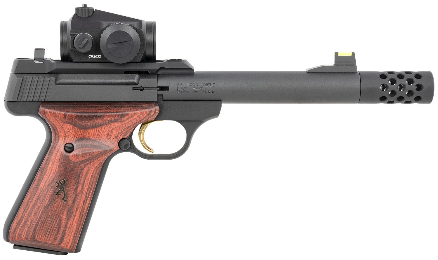 Browning 051580490 Buck Mark Hunter 22 LR 10+1 5.90″ Bull/Threaded/Muzzle Brake Barrel, Matte Black Serrated Steel Slide & Aluminum Frame Laminate Cocobolo Grips, Vortex Crossfire Red Dot Browning 051580490 Buck Mark Hunter 22 LR 10+1 5.90″ Bull/Threaded/Muzzle Brake Barrel, Matte Black Serrated Steel Slide & Aluminum Frame Laminate Cocobolo Grips, Vortex Crossfire Red Dot