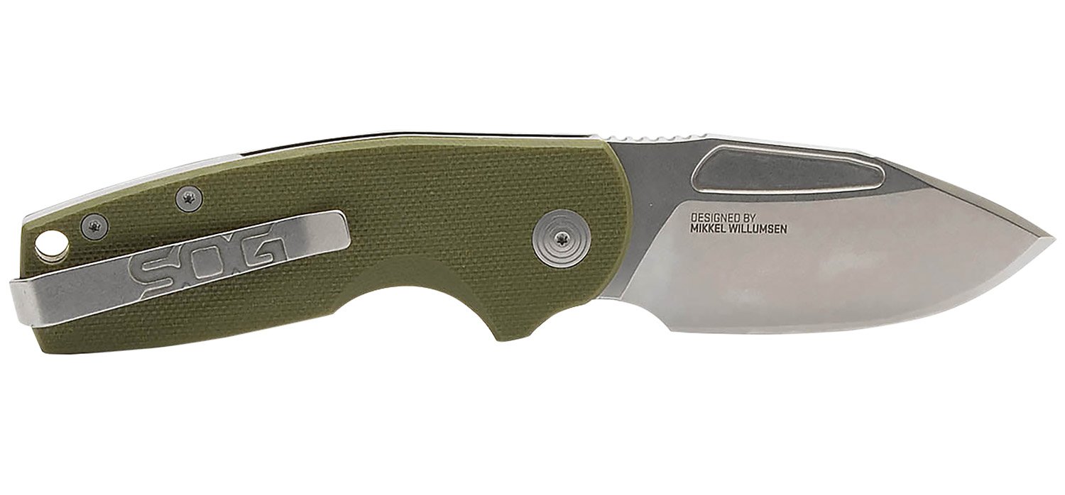 S.O.G SOG16030157 Stout SJ 2.60″ Folding Clip Point Plain Stonewashed Cryo D2 Steel Blade/ Olive Drab Textured G10 Handle Includes Belt Clip S.O.G SOG16030157 Stout SJ 2.60″ Folding Clip Point Plain Stonewashed Cryo D2 Steel Blade/ Olive Drab Textured G10 Handle Includes Belt Clip