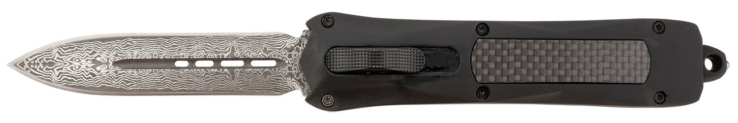 Steel River Knives A163BDD Spartan 3.50″ OTF Dagger Plain Damascus 440C SS Blade/Black w/Carbon Fiber Inlay Aluminum Zinc Alloy Handle Steel River Knives A163BDD Spartan 3.50″ OTF Dagger Plain Damascus 440C SS Blade/Black w/Carbon Fiber Inlay Aluminum Zinc Alloy Handle
