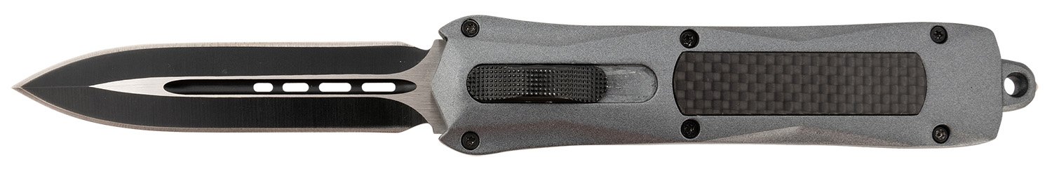 Steel River Knives A163BD Spartan 3.50″ OTF Dagger Plain Black/Silver 440C SS Blade/ Gray w/Carbon Fiber Inlay Aluminum Zinc Alloy Handle Steel River Knives A163BD Spartan 3.50″ OTF Dagger Plain Black/Silver 440C SS Blade/ Gray w/Carbon Fiber Inlay Aluminum Zinc Alloy Handle