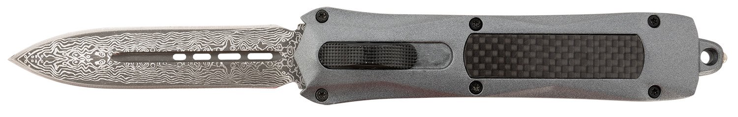 Steel River Knives A163BDD Spartan 3.50″ OTF Dagger Plain Damascus 440C SS Blade/Gray w/Carbon Fiber Inlay Aluminum Zinc Alloy Handle Steel River Knives A163BDD Spartan 3.50″ OTF Dagger Plain Damascus 440C SS Blade/Gray w/Carbon Fiber Inlay Aluminum Zinc Alloy Handle