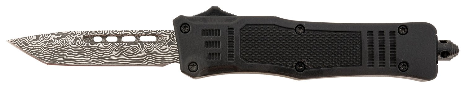 Steel River Knives MT616BDP Spartan Mini 2.75″ OTF Tanto Plain Laser Etched Damascus 440C SS Blade/4.25″ Black Aluminum Zinc Alloy Handle Steel River Knives MT616BDP Spartan Mini 2.75″ OTF Tanto Plain Laser Etched Damascus 440C SS Blade/4.25″ Black Aluminum Zinc Alloy Handle