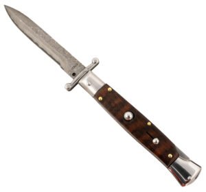 Steel River Knives SGSWRDAM Spartan  3.9″ Italian Bayonet Damascus 5.1″ Snakewood Buffalo Horn Handle Side Open