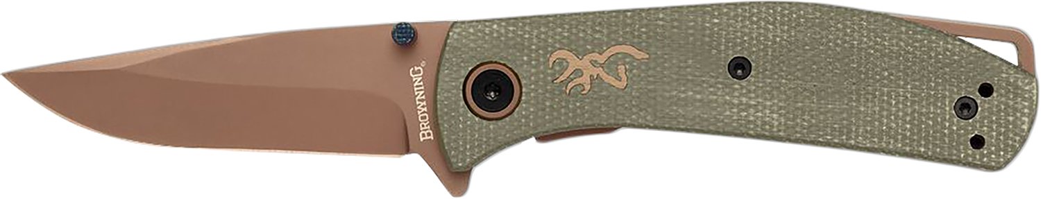 Browning 3220516 Trailside EDC Small 3″ Folding Modified Drop Point Plain Titanium Finish D2 Steel Blade, Green Micarta Handle Browning 3220516 Trailside EDC Small 3″ Folding Modified Drop Point Plain Titanium Finish D2 Steel Blade, Green Micarta Handle