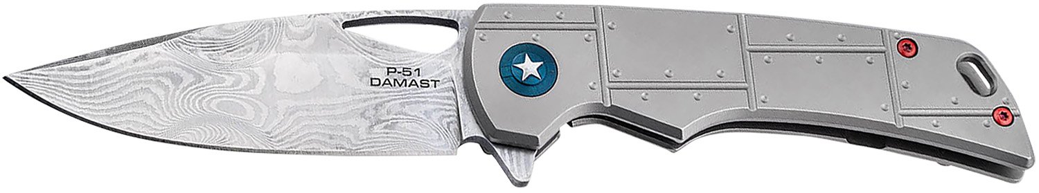 Boker 01BO910DAM P-51 Damast 3.35" Drop Point Plain Silver Acid Etch Damascus Blade Titanium Handle