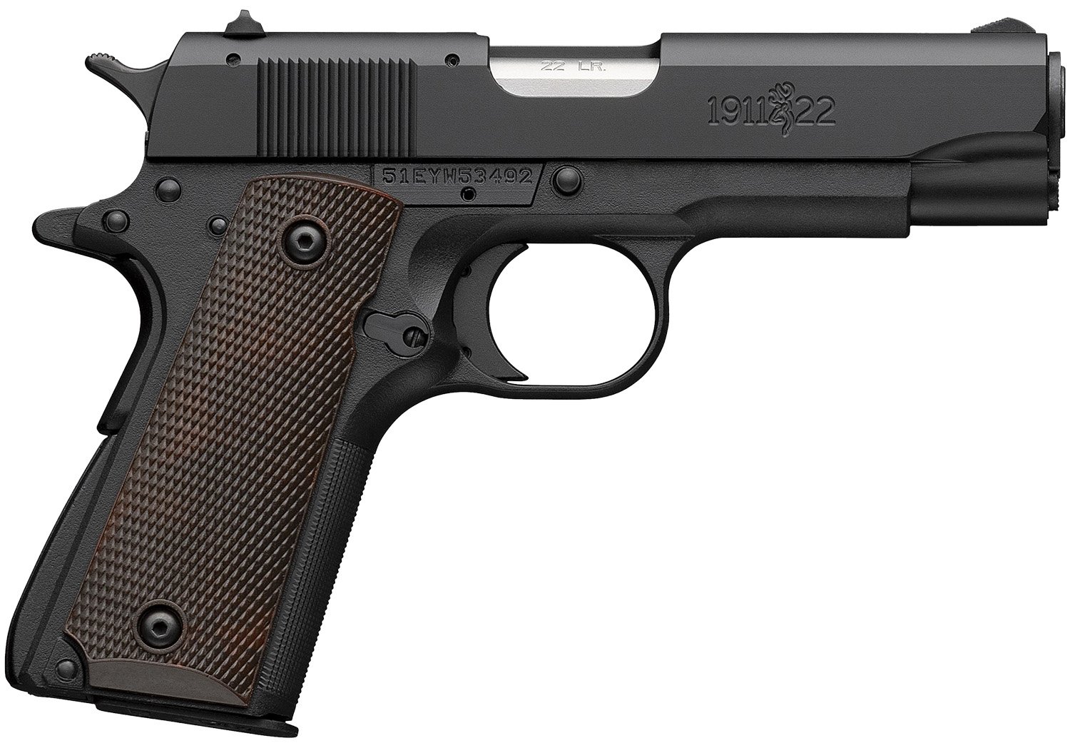 Browning 051064490 1911 A1 Compact Frame 22 LR 10+1 3.63″ Stainless Steel Barrel, Matte Black Serrated Slide, Matte Black Polymer Frame, Brown Composite Grip Browning 051064490 1911 A1 Compact Frame 22 LR 10+1 3.63″ Stainless Steel Barrel, Matte Black Serrated Slide, Matte Black Polymer Frame, Brown Composite Grip