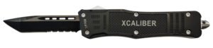Xcaliber Knife Company  40 Cal  Large 3.80″ OTF Tanto Part Serrated Black 440C SS Blade, 5.30″ Steel Handle