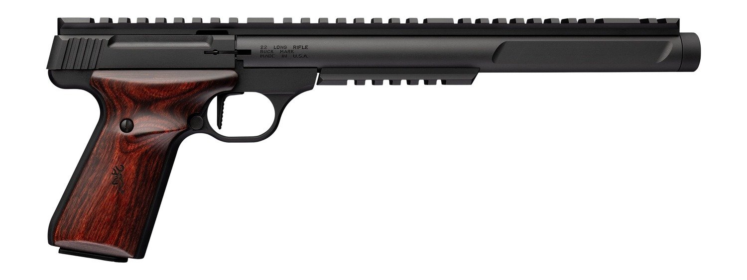 Browning 051613490 Buck Mark Hunter Varmint SR 22 LR 10+1 10.50″ Matte Black Threaded Barrel, Matte Black Aluminum Frame w/Top & Lower Picatinny Rail, Rosewood Laminate w/Buckmark Grip Browning 051613490 Buck Mark Hunter Varmint SR 22 LR 10+1 10.50″ Matte Black Threaded Barrel, Matte Black Aluminum Frame w/Top & Lower Picatinny Rail, Rosewood Laminate w/Buckmark Grip