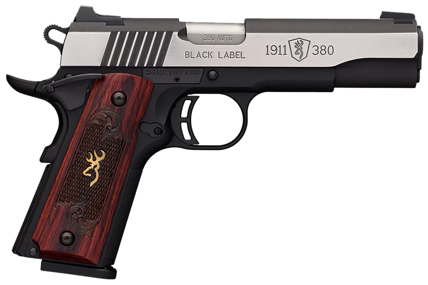 Browning 051912492 1911-380 Black Label Medallion Pro 380 ACP 8+1 4.25″ Target Crown Barrel, Blackened w/Silver Polished Flats Serrated SS Slide, Matte Black Polymer Frame w/Beavertail Browning 051912492 1911-380 Black Label Medallion Pro 380 ACP 8+1 4.25″ Target Crown Barrel, Blackened w/Silver Polished Flats Serrated SS Slide, Matte Black Polymer Frame w/Beavertail