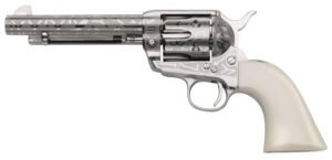 Taylors & Company 200061 1873 Cattle Brand Pietta 45 Colt (Long Colt) 6 Shot 5.50″ Nickel Engraved Round Barrel, Cylinder & Steel Frame, White PVC Navy Grip, Exposed Hammer