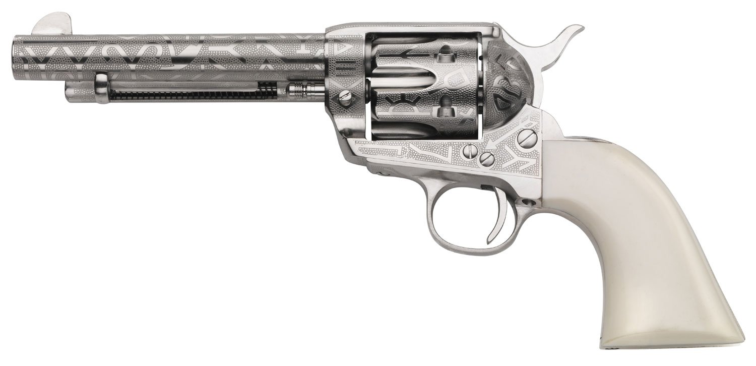 Taylors & Company 200060 1873 Cattle Brand Pietta 38 Special/357 Mag 6 Shot 5.50″ Nickel Engraved Round Barrel, Nickel Engraved Cylinder & Steel Frame, White PVC Navy Grip, Exposed Hammer Taylors & Company 200060 1873 Cattle Brand Pietta 38 Special/357 Mag 6 Shot 5.50″ Nickel Engraved Round Barrel, Nickel Engraved Cylinder & Steel Frame, White PVC Navy Grip, Exposed Hammer