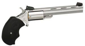 North American Arms MMTL Mini-Master *CA Compliant 22 LR 5 Shot 4″ Stainless Steel Vent Rib Barrel, Stainless Steel Frame, Stainless Cylinder, Black Finger Grooved Rubber Grip, Exposed Hammer