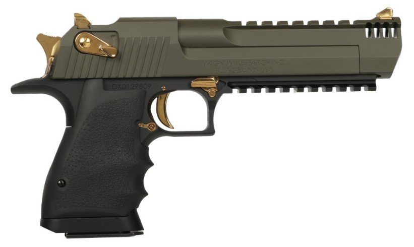 MAGNUM RESEARCH DESERT EAGLE L6 .50AE 5IN BARREL 7RD BLACK FRAME MIL-SPEC GREEN SLIDE MUZZLE BRAKE DE50L6MSG