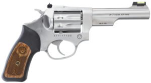 Ruger 5765 SP101  22 LR 8rd 4.20″ Satin Stainless Steel Barrel, Cylinder & Frame, Black Rubber w/Wood Insert Grip, Transfer Bar Safety, Exposed Hammer