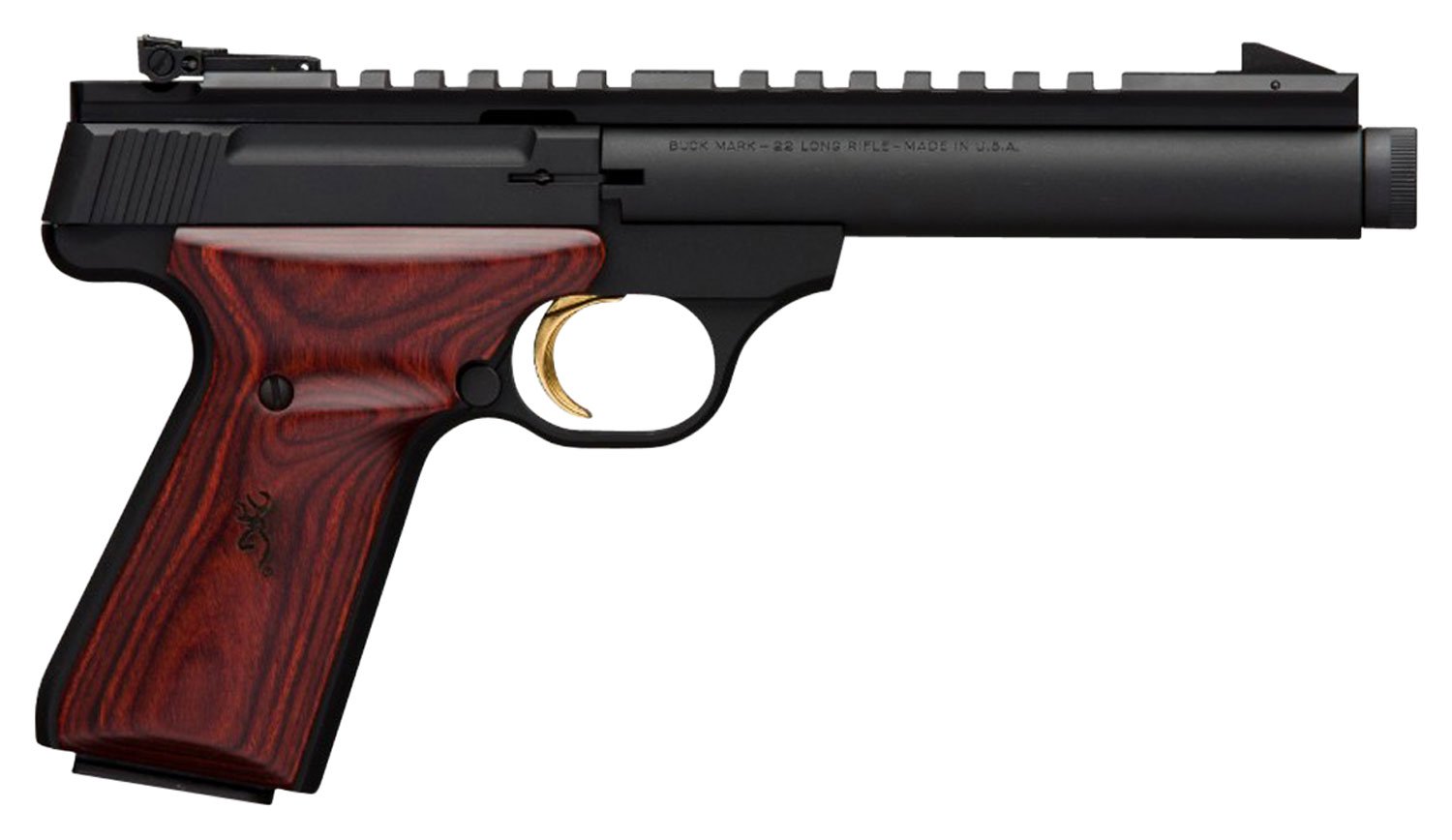 Browning 051527490 Buck Mark Field Target SR 22 LR 10+1 5.50″ Black Threaded Bull Barrel, Matte Black Aluminum Frame, Picatinny Rail Receiver, Laminate Cocobolo Target Grip, Right Hand Browning 051527490 Buck Mark Field Target SR 22 LR 10+1 5.50″ Black Threaded Bull Barrel, Matte Black Aluminum Frame, Picatinny Rail Receiver, Laminate Cocobolo Target Grip, Right Hand
