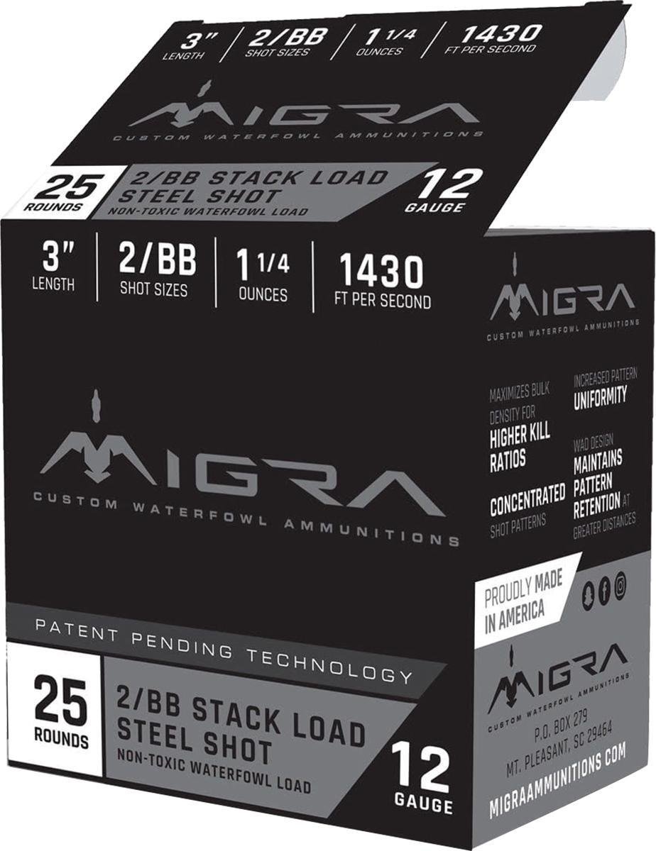 Migra Waterfowl Steel Shot Shotshell 12 ga 3″ 1-1/4 oz 1430 fps #2-BB 25/ct Migra Waterfowl Steel Shot Shotshell 12 ga 3″ 1-1/4 oz 1430 fps #2-BB 25/ct