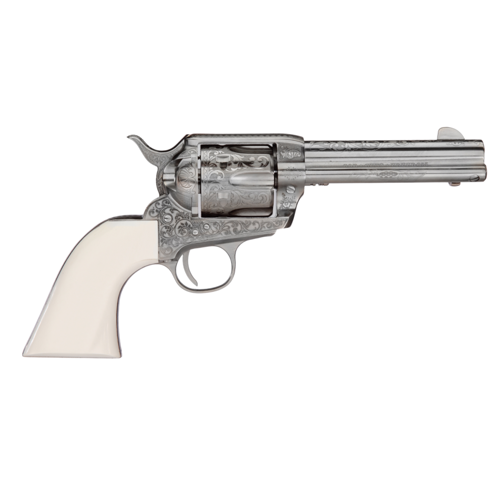 Taylors & Company 1873 Outlaw Legacy Handgun .45 Colt 6rd Capacity 4.75″ Barrel Engraved Nickel with White Taylors & Company 1873 Outlaw Legacy Handgun .45 Colt 6rd Capacity 4.75″ Barrel Engraved Nickel with White