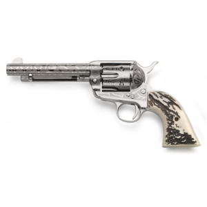 Taylors & Company 1873 Cattlebrand Engraved Stag Handgun .45 Colt 6rd Capacity 5.5″ Barrel Engraved Silver with White