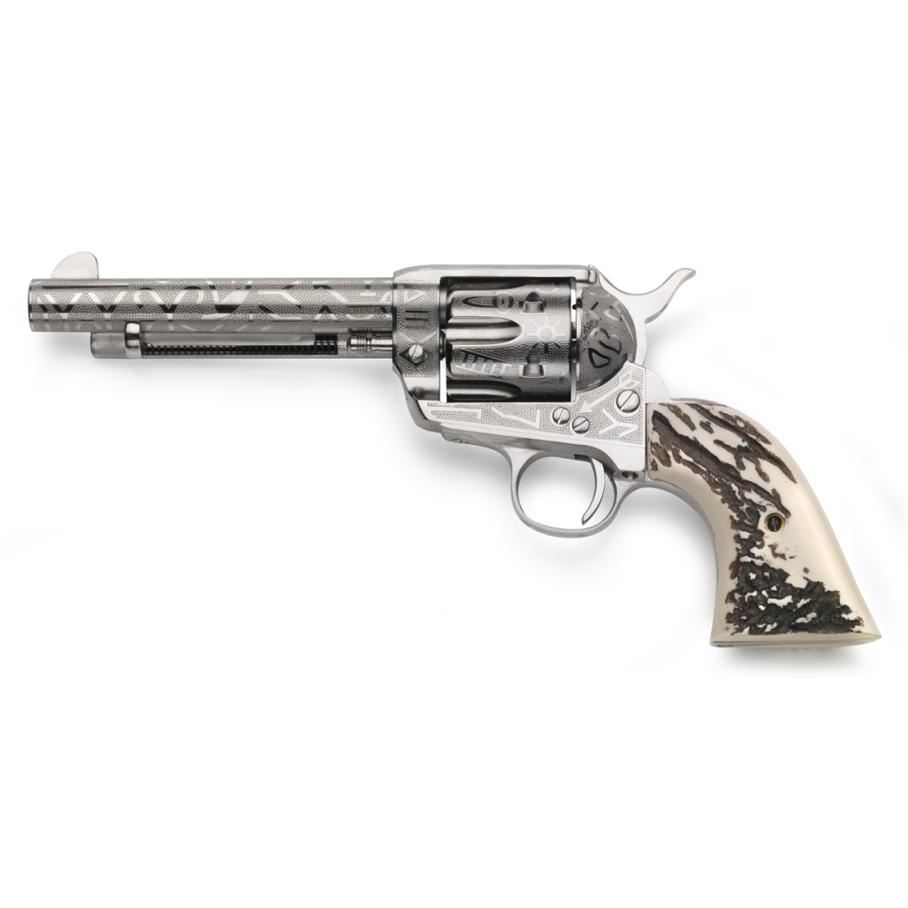Taylors & Company 1873 Cattlebrand Engraved Stag Handgun .45 Colt 6rd Capacity 5.5″ Barrel Engraved Silver with White Taylors & Company 1873 Cattlebrand Engraved Stag Handgun .45 Colt 6rd Capacity 5.5″ Barrel Engraved Silver with White