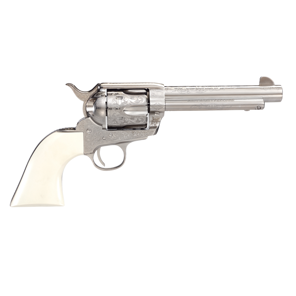 Taylors & Company 1873 Outlaw Legacy Handgun .45 Colt 6rd Capacity 5.5″ Barrel Engraved Nickel with White Taylors & Company 1873 Outlaw Legacy Handgun .45 Colt 6rd Capacity 5.5″ Barrel Engraved Nickel with White