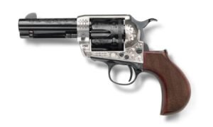 Pietta 1873 Alchimista Jr Handgun .45 Colt  6rd Capacity 3.5″ Barrel Silver & Blue Engraved Checkered Grips