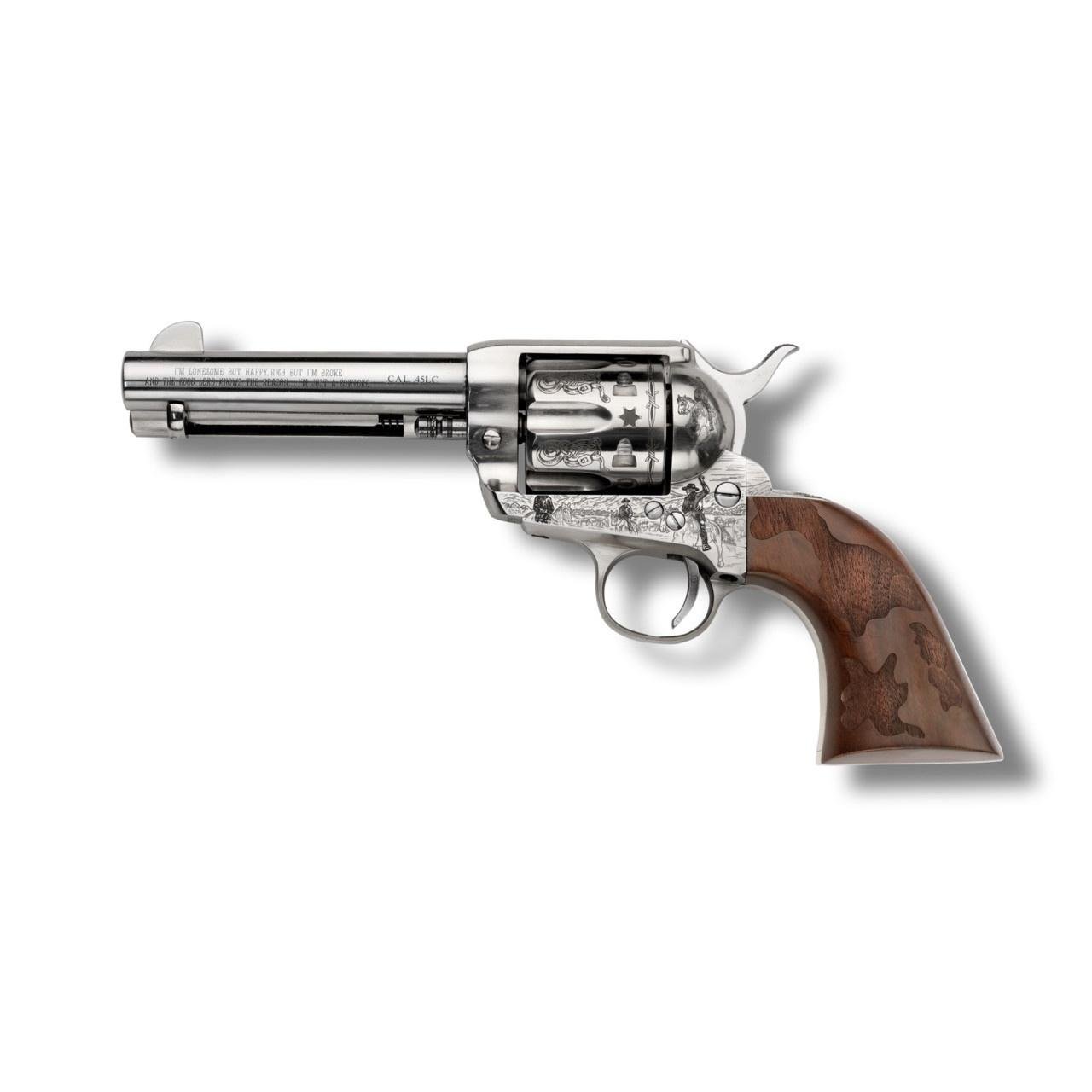 EMF Cowpoke Revolver .45 Colt 6rd Capacity 4.75″ Barrel Nickel Finish Engraved Cowhide Walnut Grip EMF Cowpoke Revolver .45 Colt 6rd Capacity 4.75″ Barrel Nickel Finish Engraved Cowhide Walnut Grip