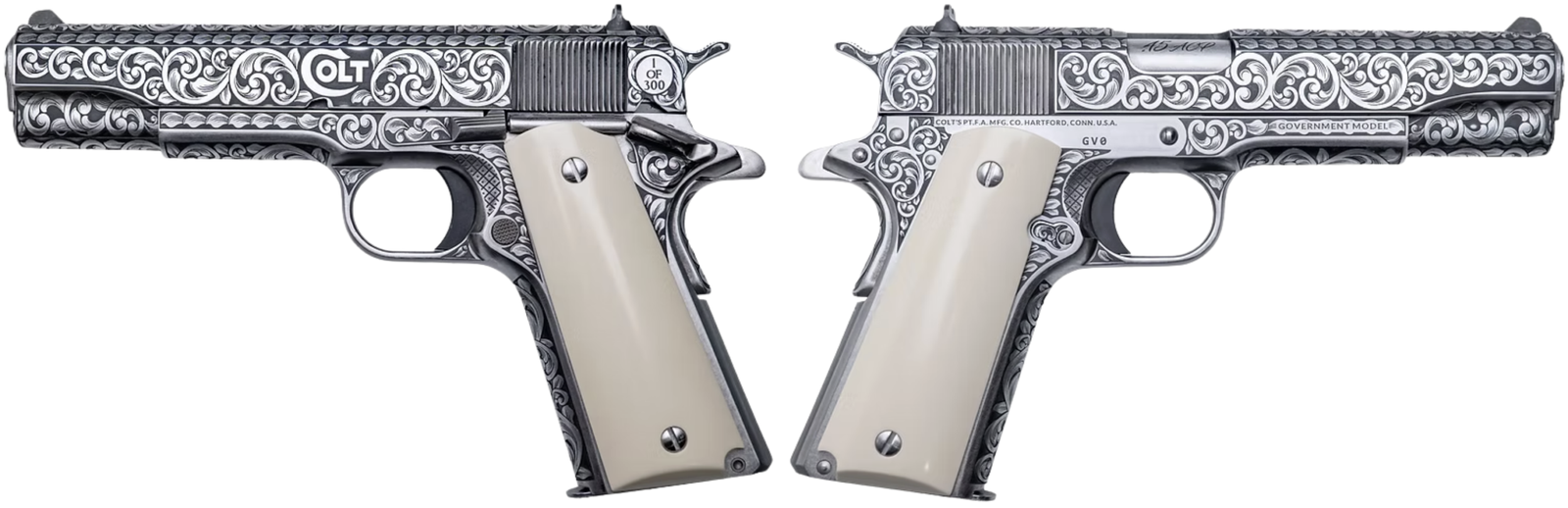 COLT GOVERNMENT 1911 SILVERADO 45ACP PISTOL FULL ENGRAVED/IVORY GRIP 7RD MAGAZINE 1-300 UNITS COLT GOVERNMENT 1911 SILVERADO 45ACP PISTOL FULL ENGRAVED/IVORY GRIP 7RD MAGAZINE 1-300 UNITS