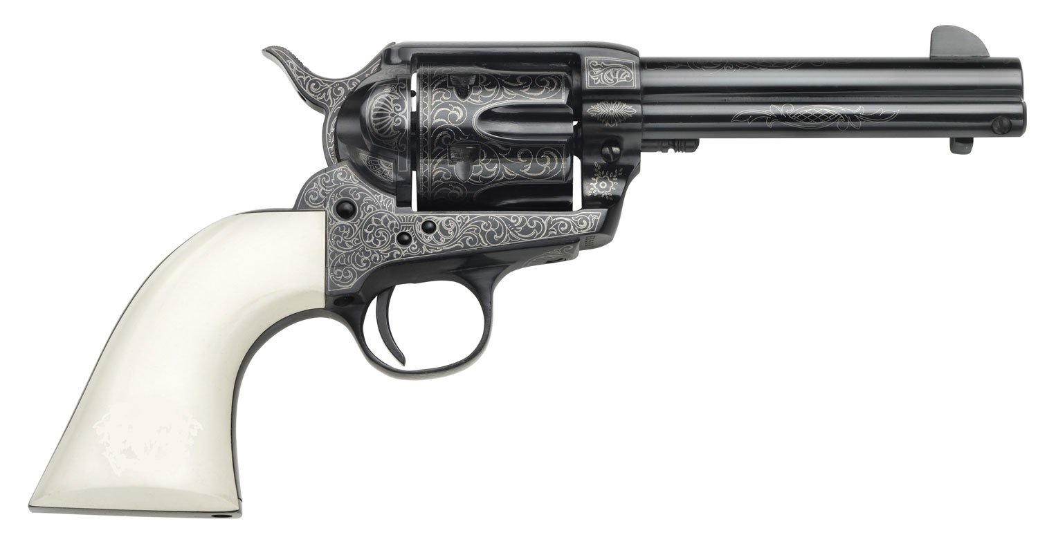 Taylors & Company 200059 1873 Cattleman Outlaw Legacy 357 Mag Caliber with 4.75″ Barrel, 6rd Capacity Cylinder, Overall Blued Engraved Finish Steel & Ivory Synthetic Grip Taylors & Company 200059 1873 Cattleman Outlaw Legacy 357 Mag Caliber with 4.75″ Barrel, 6rd Capacity Cylinder, Overall Blued Engraved Finish Steel & Ivory Synthetic Grip