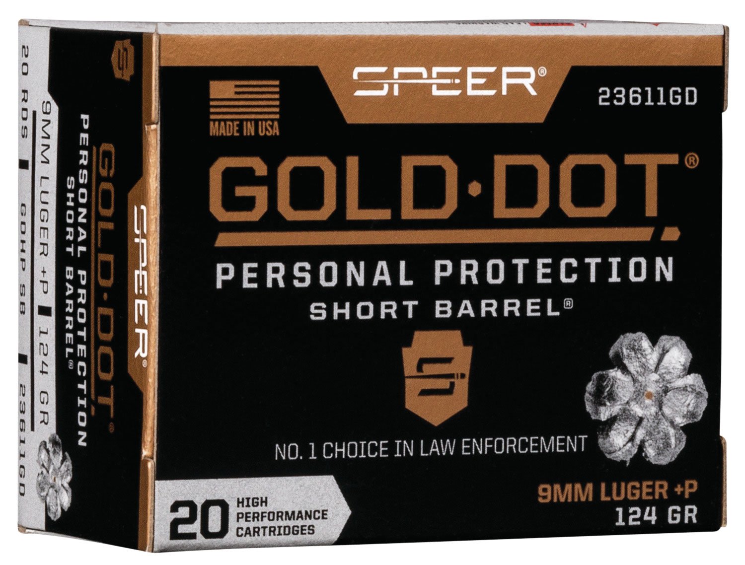 Speer 23611GD Gold Dot Personal Protection Short Barrel 9mmLuger+P 124gr Hollow Point 20 Per Box/10 Case