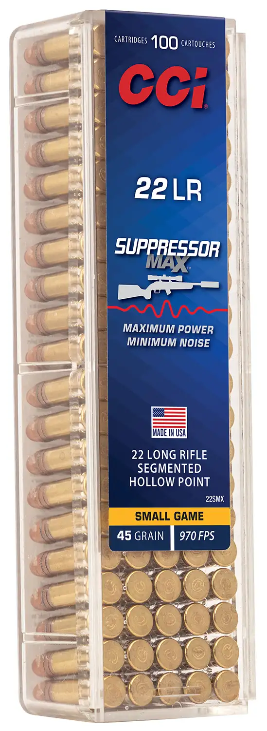 CCI 22LR 45 GR SUPPRESSOR MAX SEG HP 100RD/BX 500RD/BRICK 50BX/CS CCI 22LR 45 GR SUPPRESSOR MAX SEG HP 100RD/BX 500RD/BRICK 50BX/CS