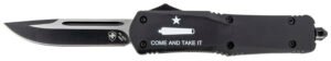 Templar Knife LCATI331 Gen II Come And Take It Large 3.50″ OTF Drop Point Plain Black Oxide Stonewashed 440C SS Blade, 5.25″ Black “Come And Take It” Aluminum Handle, Glass Breaker