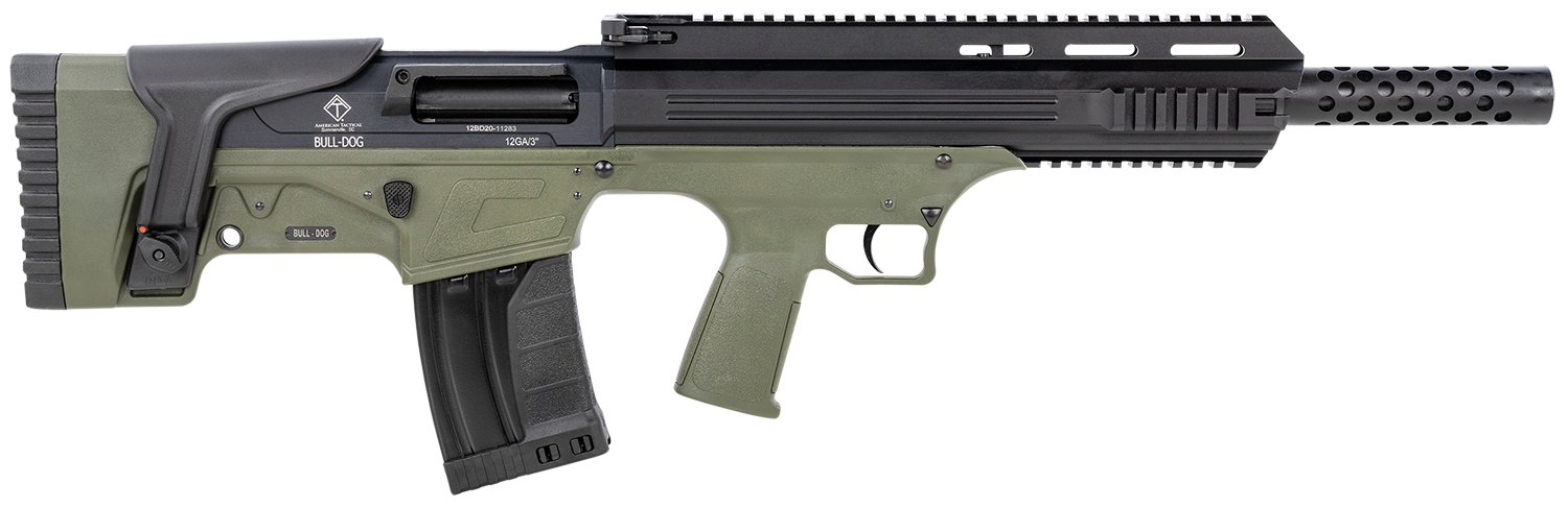 ATI ATIG12BDG Bulldog 12 Gauge Semi-Auto 3" 5+1 18.50" Black Steel Barrel, Black Aluminum Receiver, Picatinny Rail, Green Fixed Bullpup Stoc & Grip