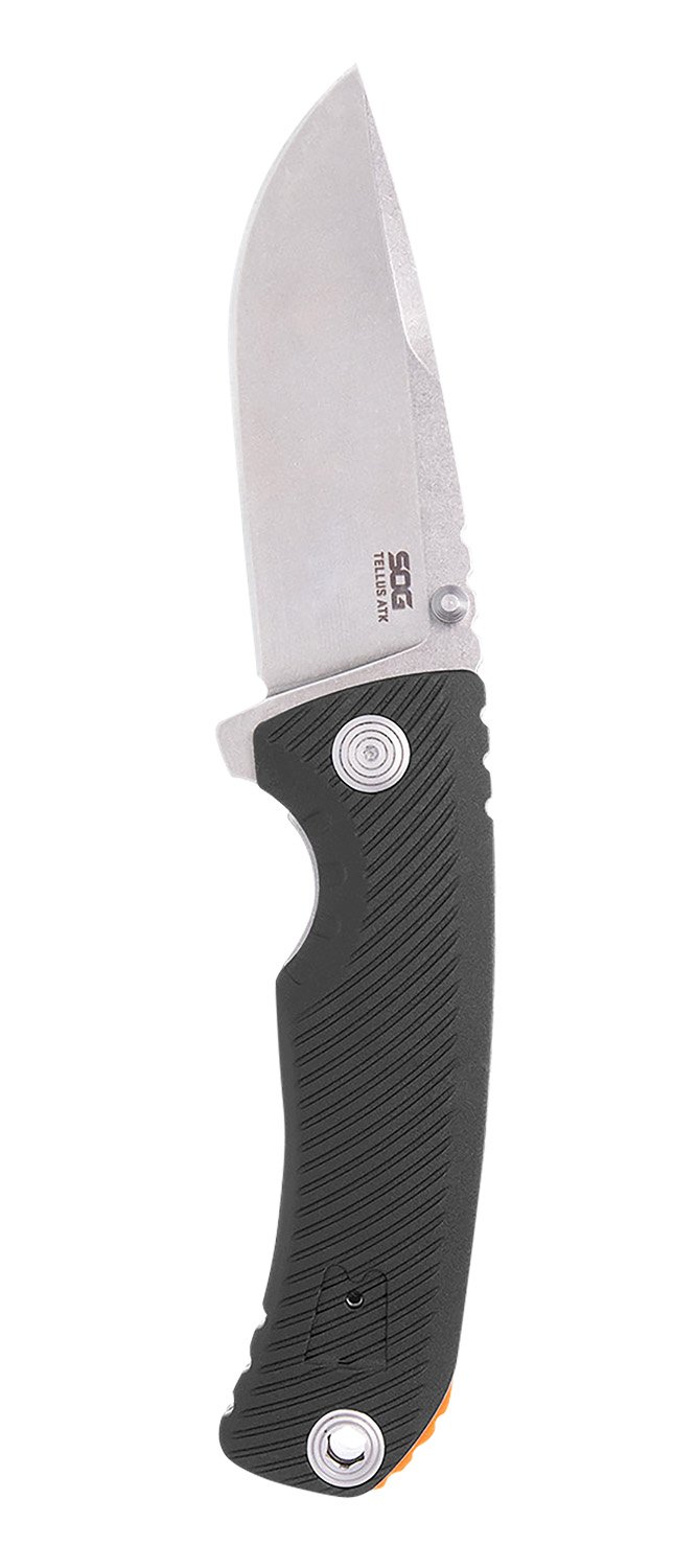 S.O.G SOG11060243 Tellus ATK 3.50″ Folding Clip Point Plain Stonewashed Cryo 440C SS Blade/ Black Textured w/Orange Backspacer GRN Handle Includes Belt Clip S.O.G SOG11060243 Tellus ATK 3.50″ Folding Clip Point Plain Stonewashed Cryo 440C SS Blade/ Black Textured w/Orange Backspacer GRN Handle Includes Belt Clip