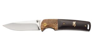 Browning 3220231 Buckmark Hunter EDC 3″ Folding Drop Point, Plain Mirror Polished 8Cr14MoV SS Blade, Black/Natural Finger Grooved w/Brass Accents Hardwood Handle, Includes Pocket Clip