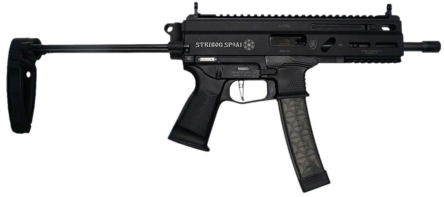 Grand Power 850003223131 SP9A1 Stribog 9mm Luger 30+1 8" Black Threaded Barrel, M-LOK Handguard, Black Aluminum Picatinny Rail Receiver, Black PDW Tailhook Brace, Black Polymer Grip, Thread Protector