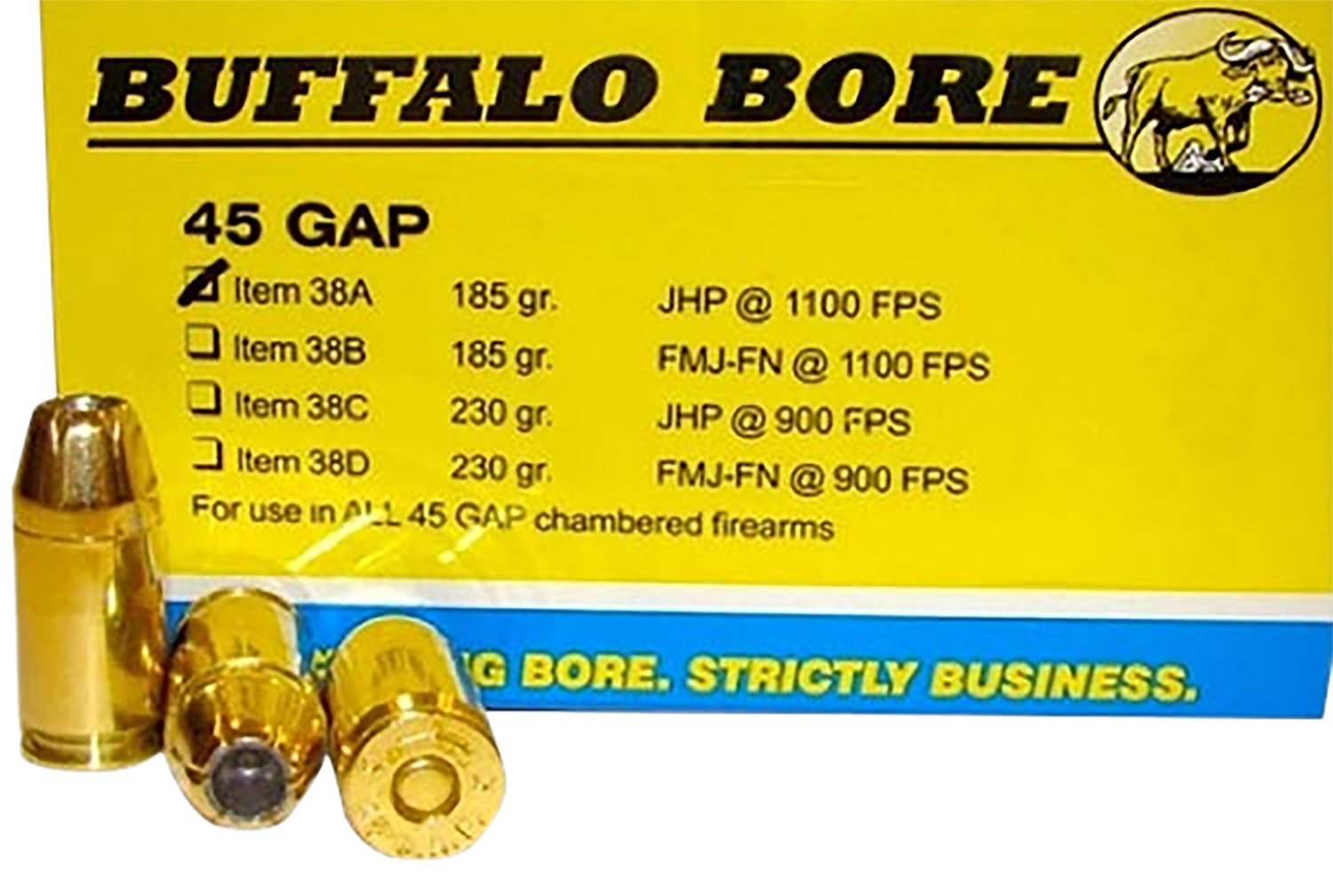 Buffalo Bore Ammunition 38A20 Personal Defense Strictly Business 45GAP 185gr Jacket Hollow Point 20 Per Box/12 Case Buffalo Bore Ammunition 38A20 Personal Defense Strictly Business 45GAP 185gr Jacket Hollow Point 20 Per Box/12 Case