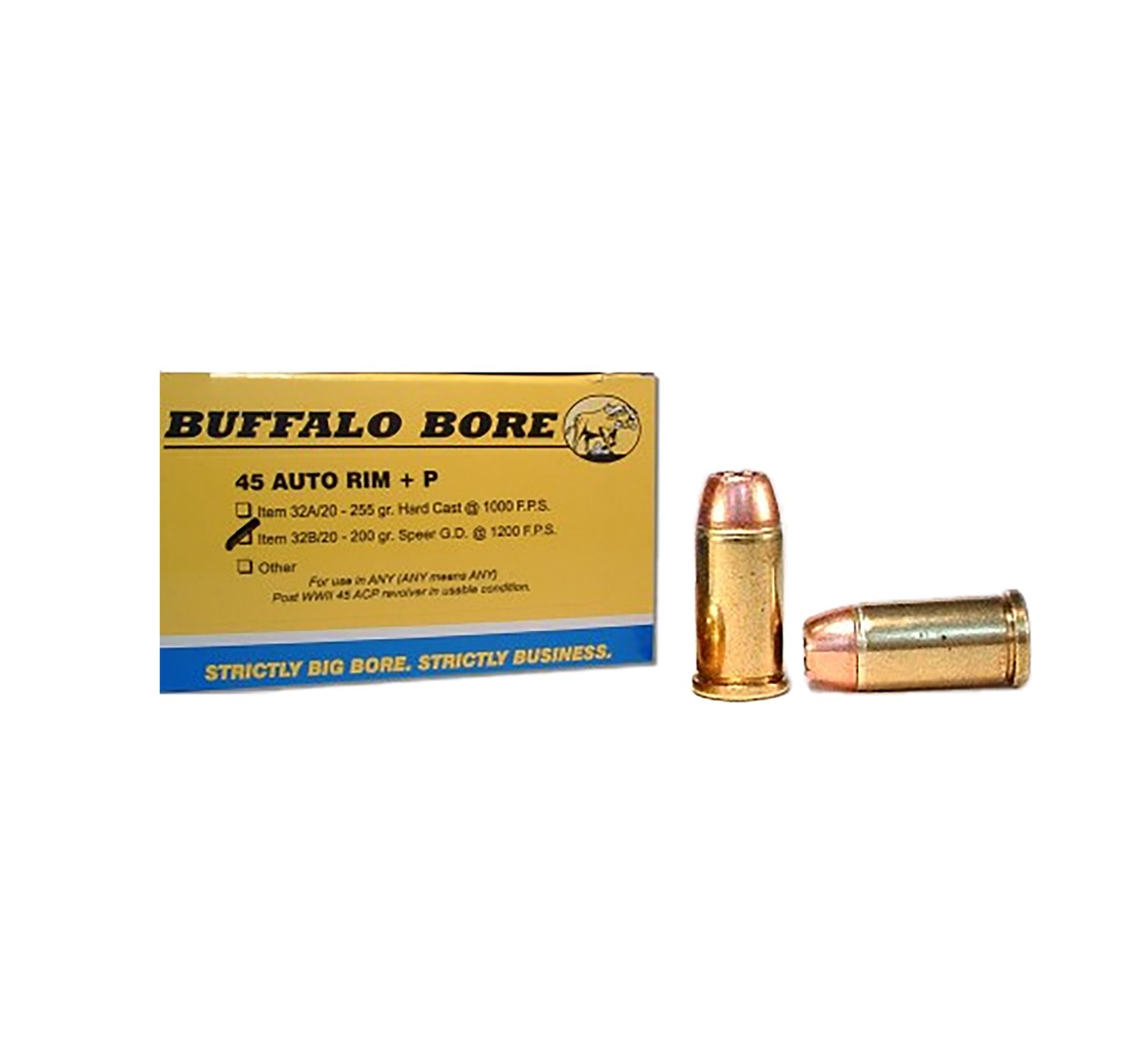 Buffalo Bore Ammunition 32B20 Personal Defense Strictly Business 45Auto Rim +P 200gr Jacket Hollow Point 20 Per Box/12 Case Buffalo Bore Ammunition 32B20 Personal Defense Strictly Business 45Auto Rim +P 200gr Jacket Hollow Point 20 Per Box/12 Case